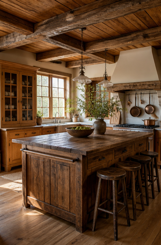A country kitchen featuring exposed wooden beams and oak cabinetry.