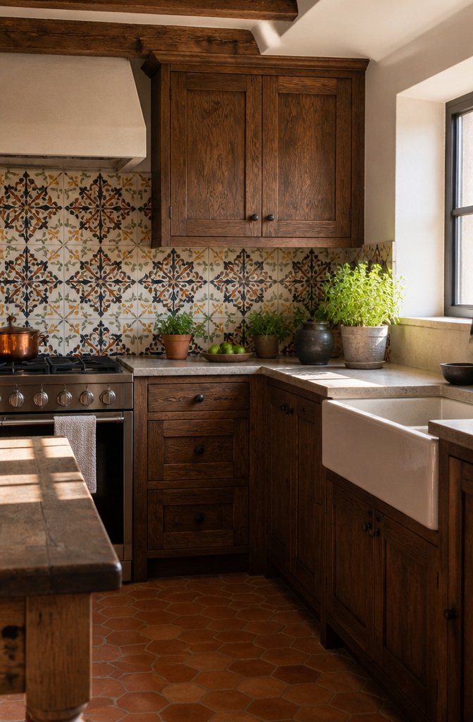 A cozy kitchen with distressed walnut cabinets and a Moroccan tile backsplash.