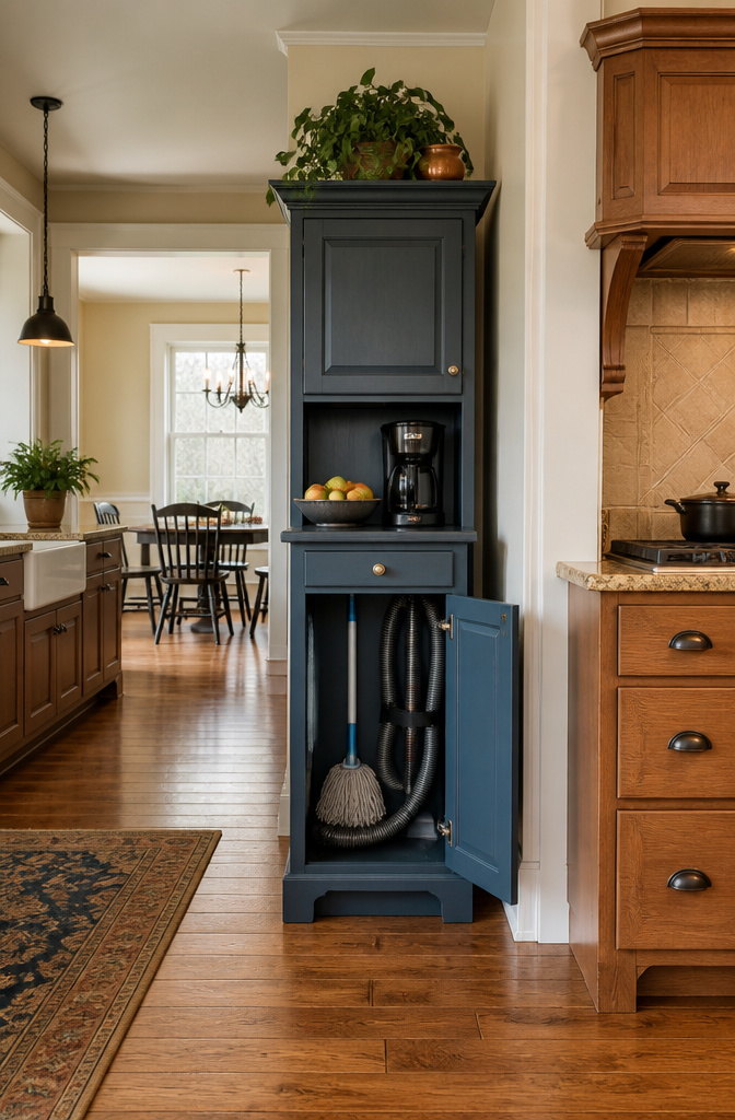 A custom kitchen hutch with a built-in broom closet and counter space.