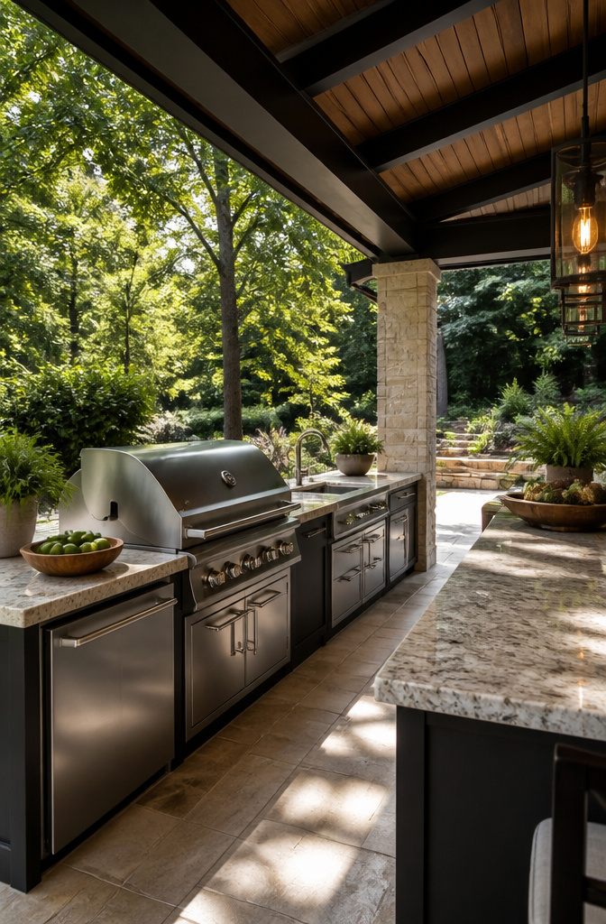 Outdoor cooking station with grill, side burners, and counter.