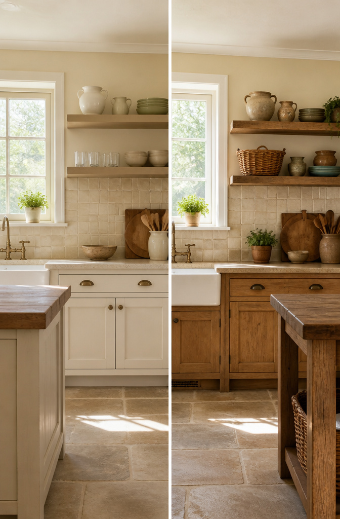 20 Country Style Kitchen Ideas for a Cozy Farmhouse Feel 2 A country kitchen featuring soft whites and warm wood tones.