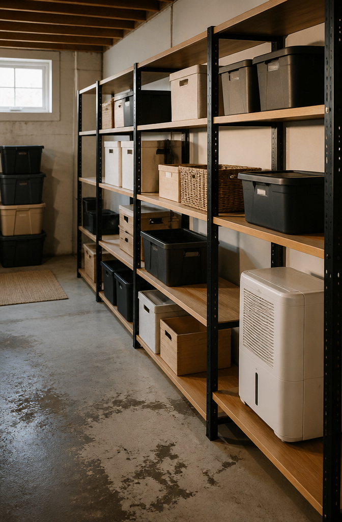 A sleek steel shelving system with wooden shelves in a basement.