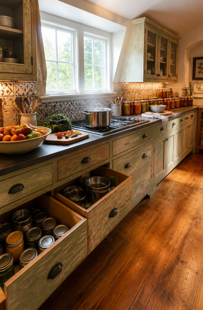 Canning Kitchen Ideas: Outdoor, Indoor and Seasonal Designs for Preserving 2 An indoor canning kitchen with a dark countertop and colorful jars.
