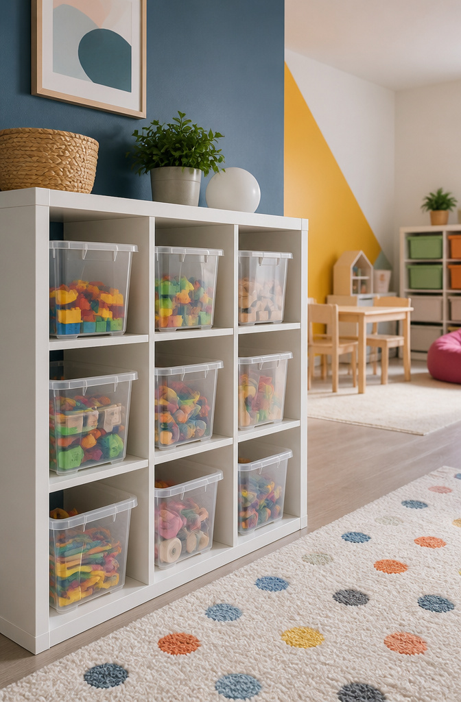 Basement Playroom Toy Storage: Built-Ins, Cubes & Multi-Functional Furniture 2 IKEA KALLAX cube organizer with clear bins for easy toy access.