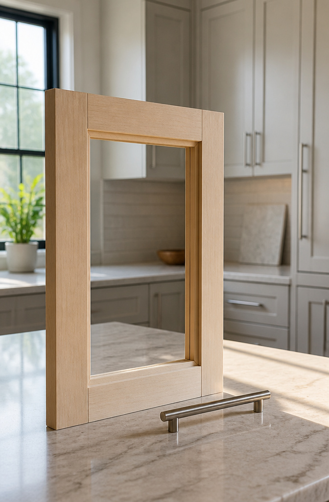 Glass-ready cabinet door with a routed groove for 1/8 inch glass.