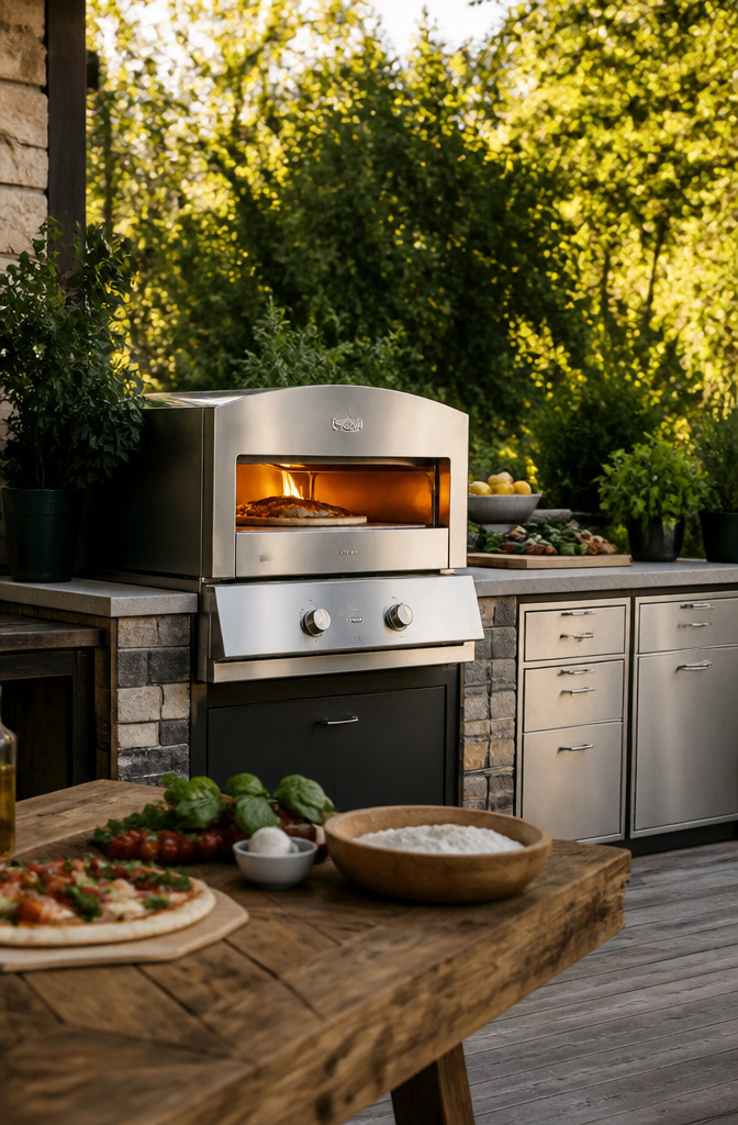 The Blaze Premium LTE+ 26-inch built-in gas pizza oven on a wooden deck.