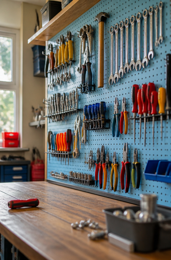 A pegboard filled with various hand tools arranged for easy access.