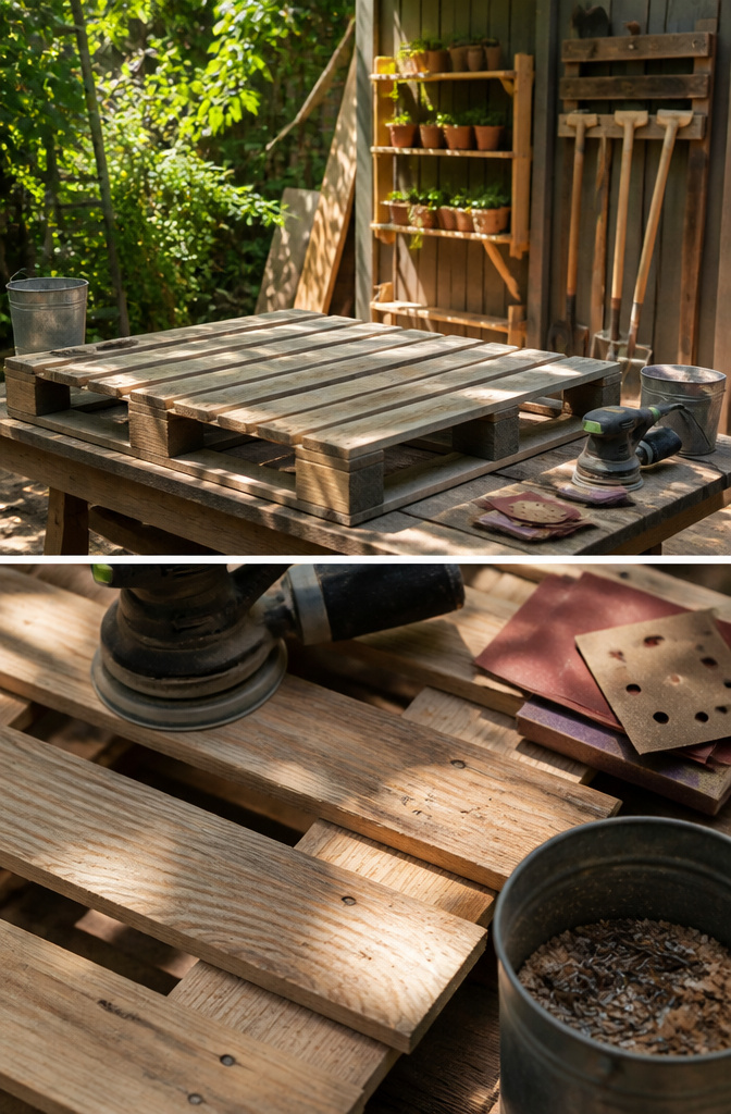Pallet Garden Tool Storage: 7 Steps to Build an Outdoor Rack 2 A pallet ready for preparation, showing rough edges and loose boards.