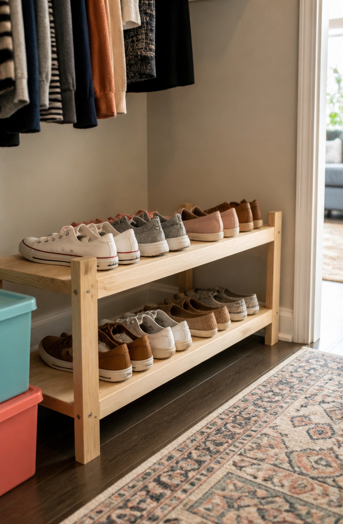 A two-tier shoe rack made from blond wood with various shoes.