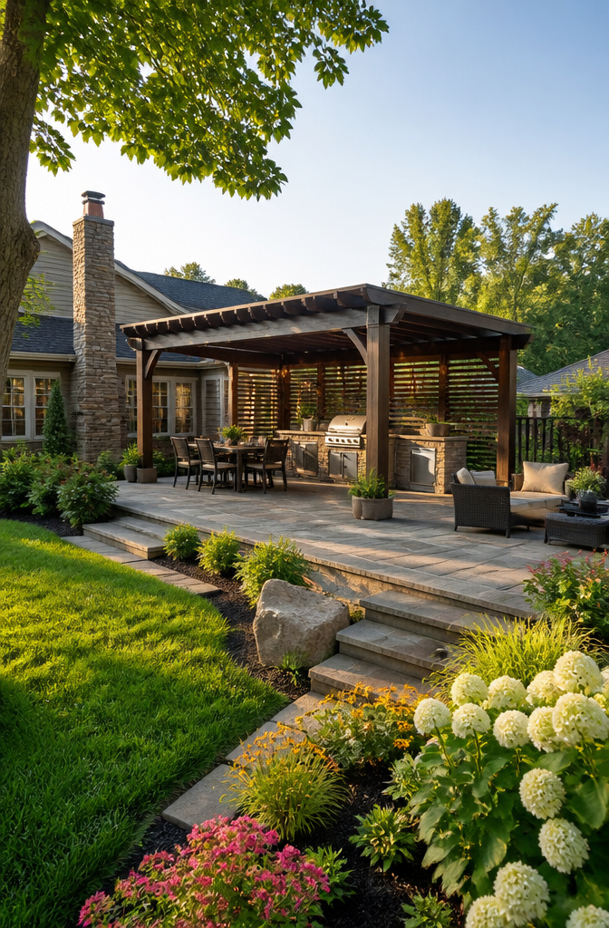 7 Outdoor Kitchen Pergola Ideas for Backyards in 2026 2 A large pergola covering a grill island and bar seating.