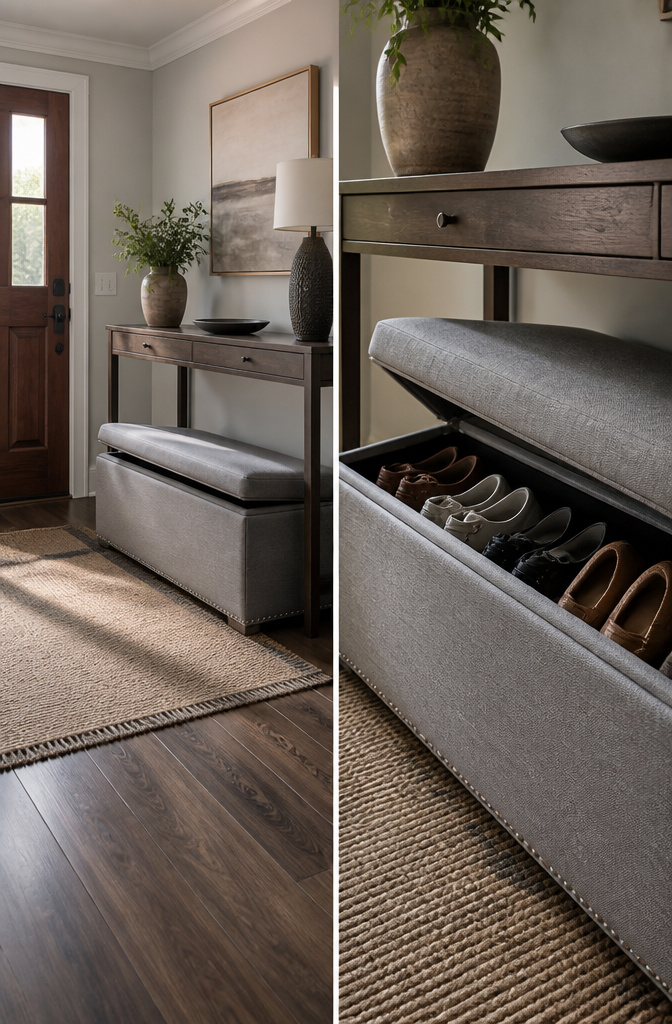 7 Shoe Rack Front Door Ideas for 2026 2 An upholstered storage ottoman under an entryway console with boots inside.