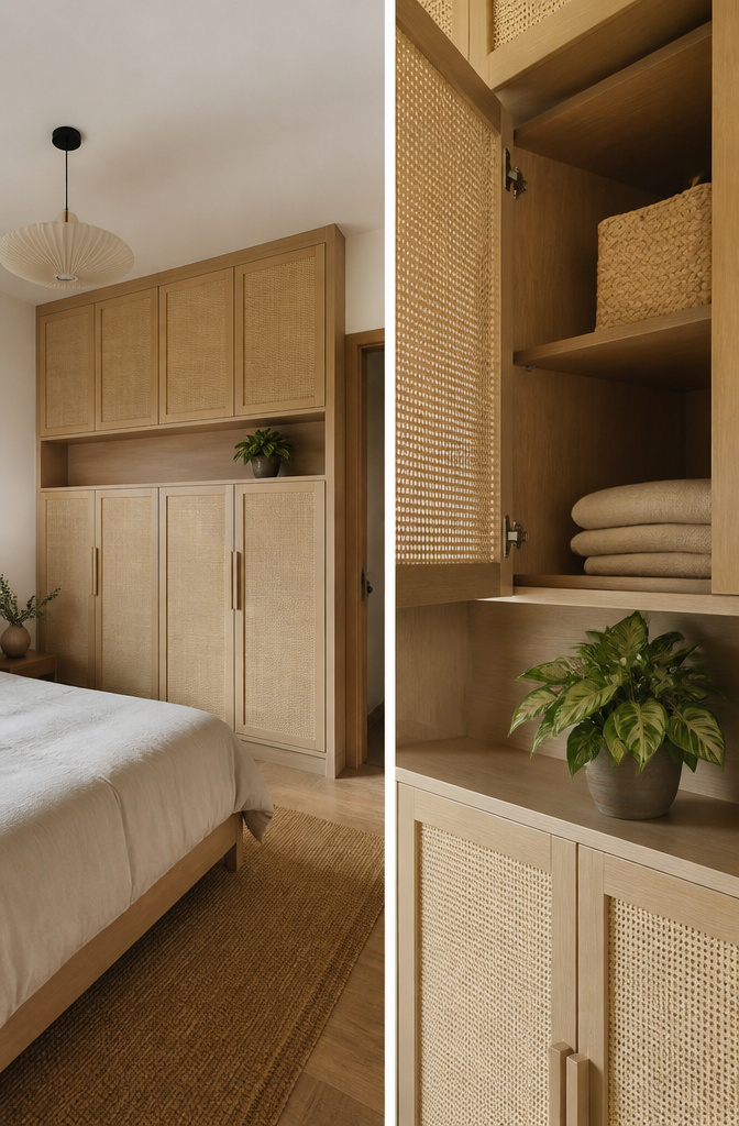 7 Bedroom Ceiling Storage Ideas for 2026: Shelves, Racks & Nets 2 Custom built-in cabinets with wood and rattan panels in a bedroom.