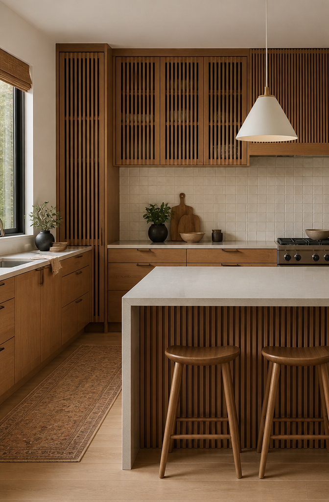 A modern kitchen with slatted wood cabinet doors.