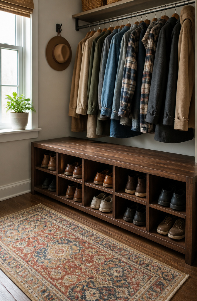 A cubby shoe bench with built-in storage in an entryway.