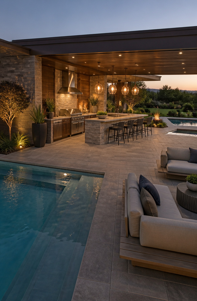 Outdoor kitchen with grill, bar seating, and lounge furniture.