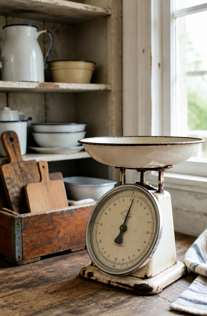 20 Country Style Kitchen Ideas for a Cozy Farmhouse Feel 3 A vintage scale and enamelware bowls on a kitchen counter.