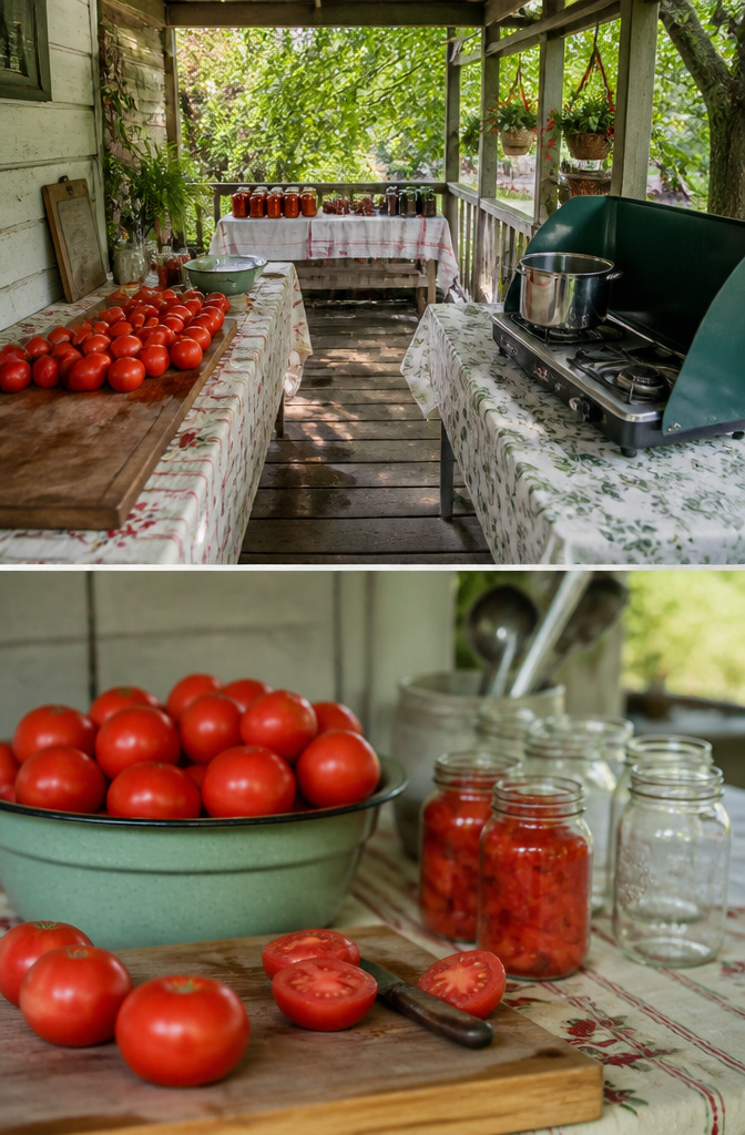 Canning Kitchen Ideas: Outdoor, Indoor and Seasonal Designs for Preserving 3 A seasonal canning kitchen with tables for prep and cooling jars.