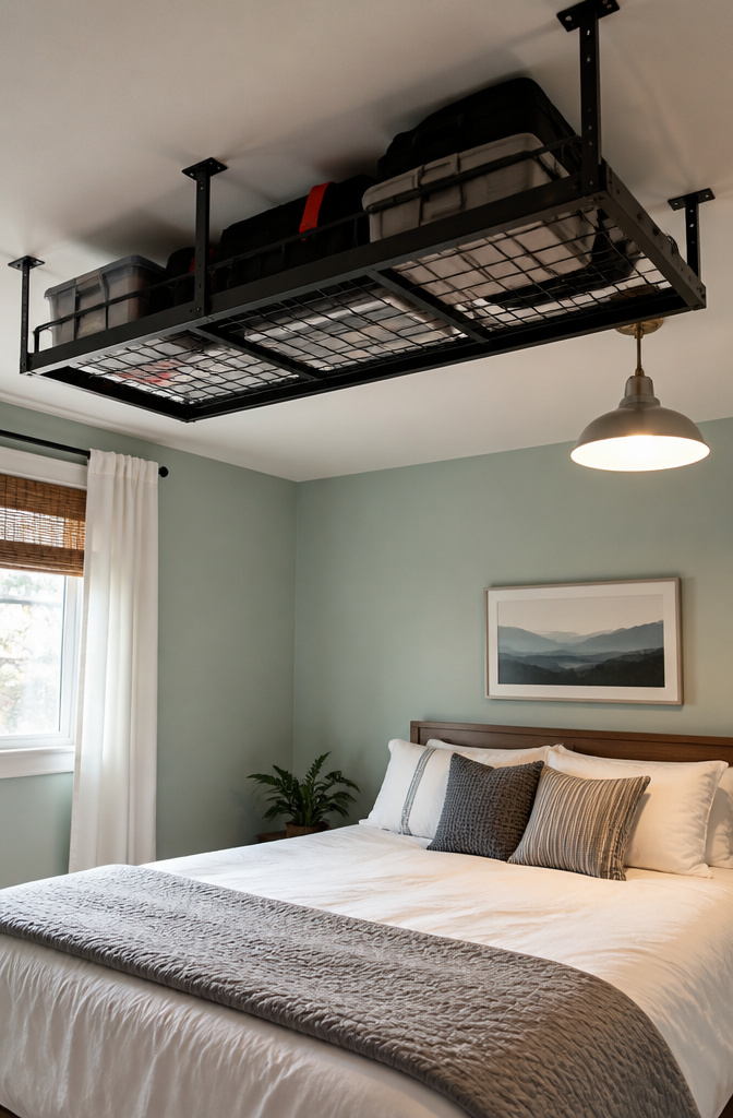 7 Bedroom Ceiling Storage Ideas for 2026: Shelves, Racks & Nets 3 Overhead storage rack bolted to the ceiling, holding various items.