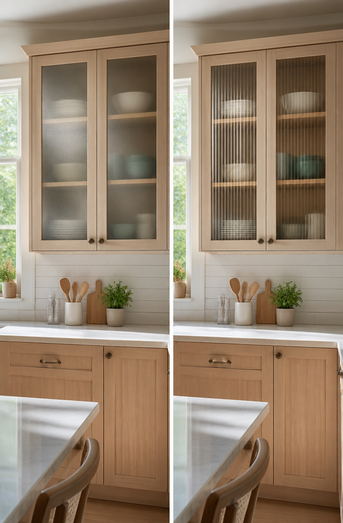 Cabinet doors with frosted and ribbed glass for textured appearance.