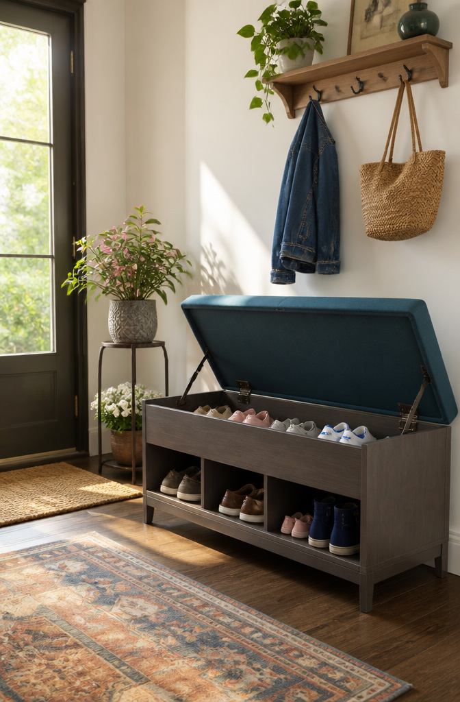 7 Shoe Rack Front Door Ideas for 2026 3 A teal shoe storage bench with an open lid displaying multiple pairs of shoes.