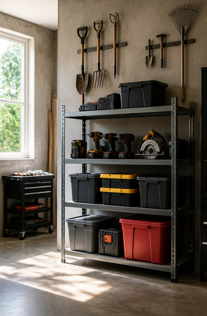 A metal shelving unit filled with bins and tools against a concrete wall.