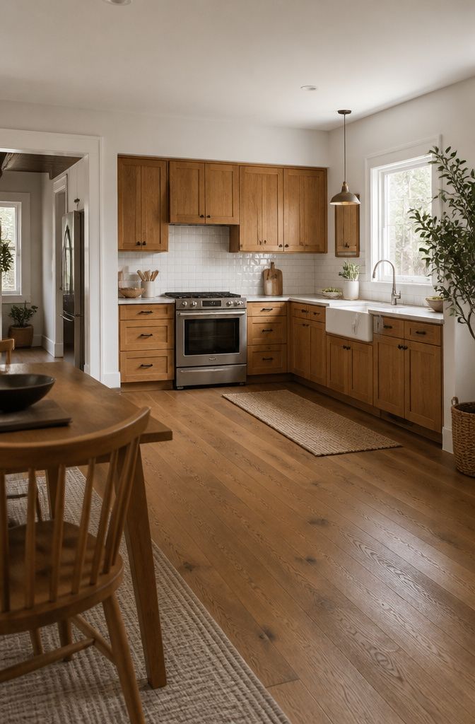 An L-shaped kitchen with wood cabinets and glossy subway tiles.