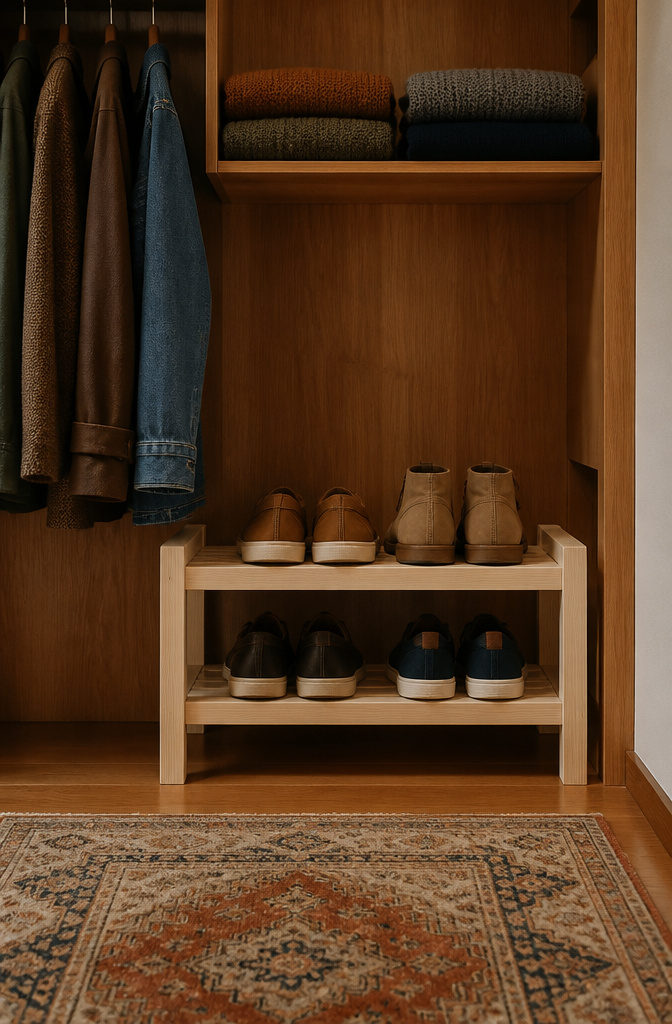 A simple shoe rack made from 2x2 lumber holding shoes.