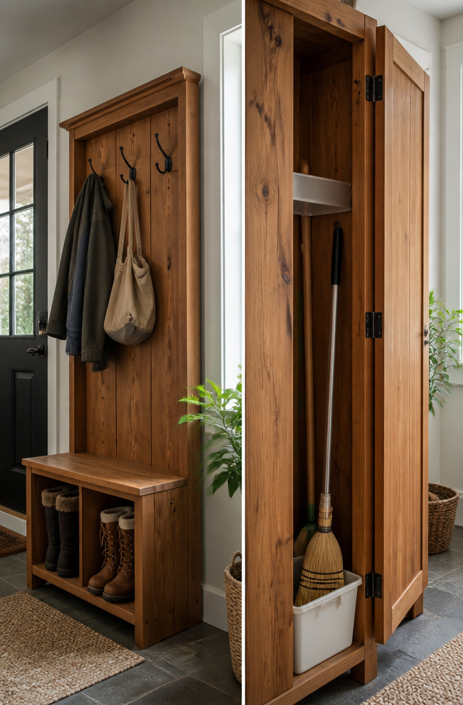 A tall American Pine Hall Tree with hooks and cubbies for storage.