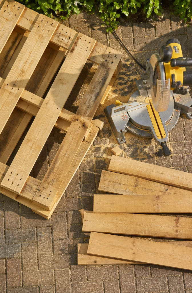 Pallet Garden Tool Storage: 7 Steps to Build an Outdoor Rack 3 Boards cut for shelves are laid out next to a pallet for assembly.