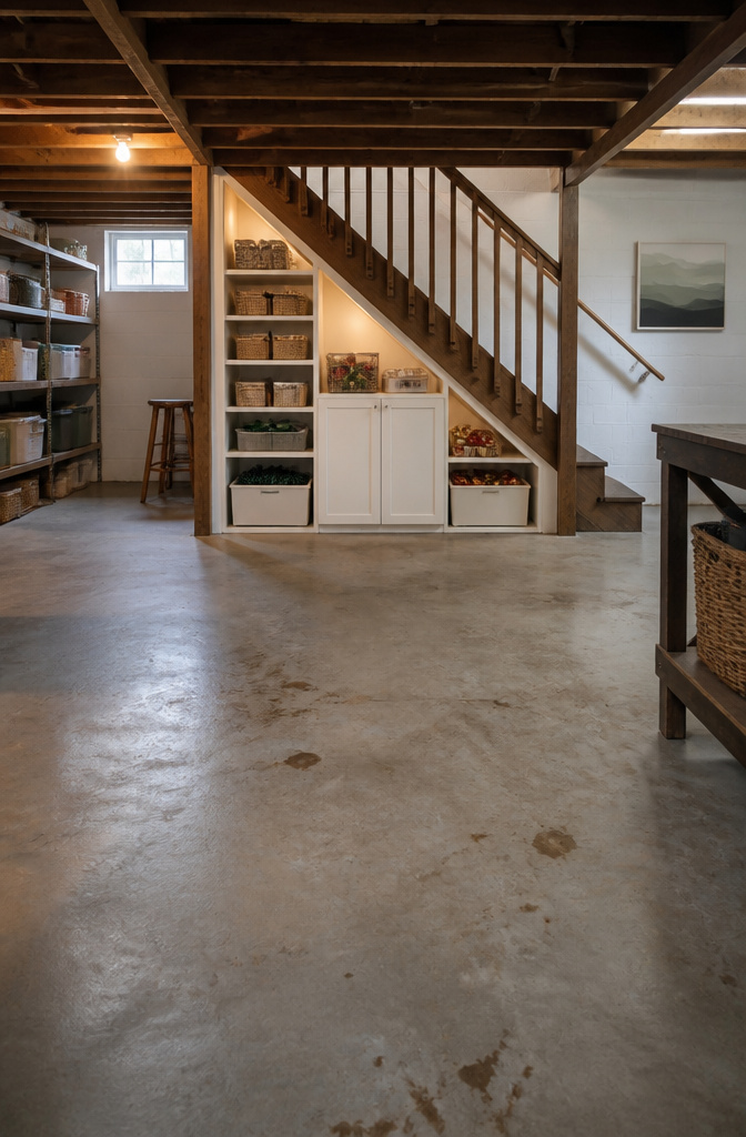 Framed storage area under basement stairs with bins and cabinets.