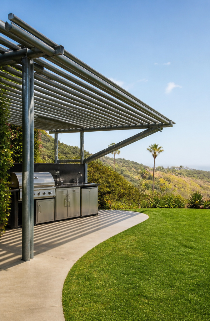 7 Outdoor Kitchen Pergola Ideas for Backyards in 2026 3 A triangular pergola made of galvanized piping in a corner yard.
