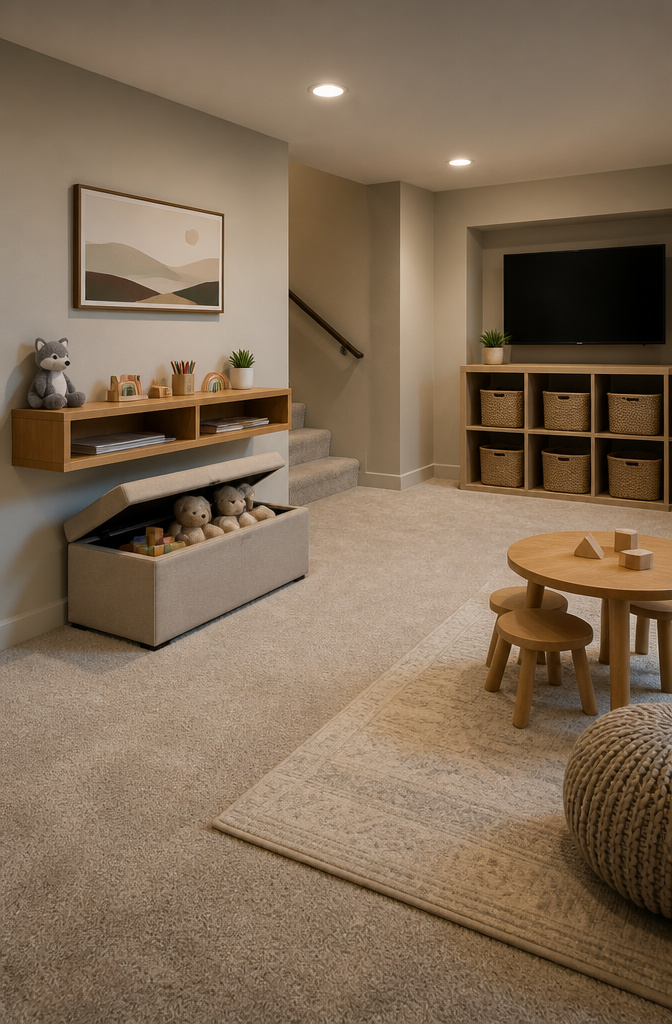 Basement Playroom Toy Storage: Built-Ins, Cubes & Multi-Functional Furniture 3 Wall-mounted shelf and ottoman providing storage in a playroom.