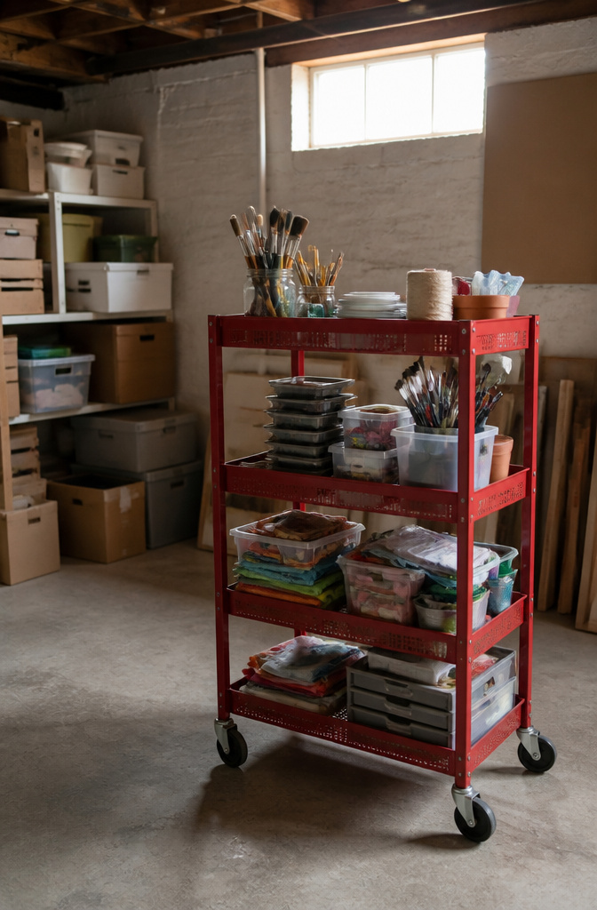 A red rolling cart filled with crafting supplies on a basement floor.