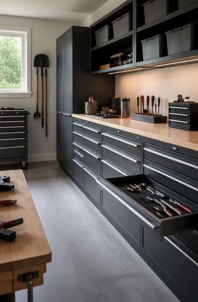 A series of closed tool cabinets with ergonomic drawers in a garage.