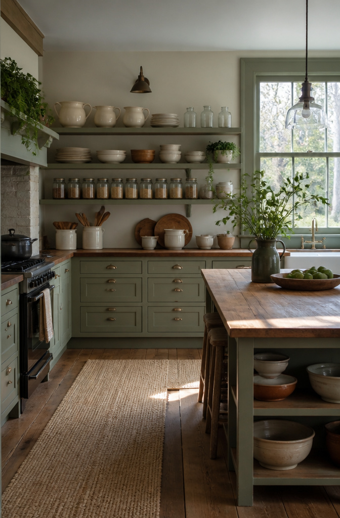 20 Country Style Kitchen Ideas for a Cozy Farmhouse Feel 4 Open shelves filled with dishware and pantry staples in a kitchen.