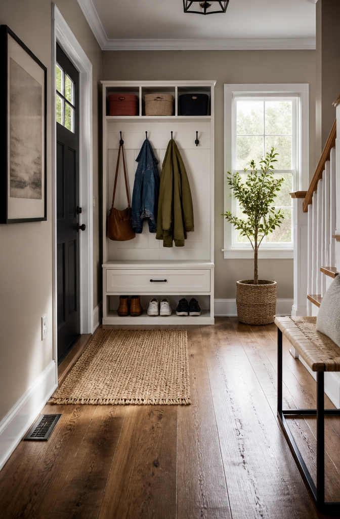 7 Shoe Rack Front Door Ideas for 2026 4 A hall tree with hooks and a drawer for coats and shoes in a narrow space.