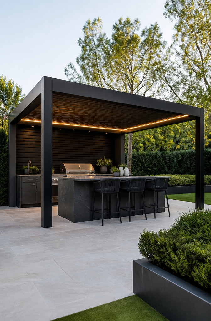 7 Outdoor Kitchen Pergola Ideas for Backyards in 2026 4 A sleek modern pergola with a flat roof and LED lights.