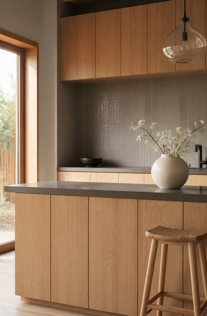 A minimalist kitchen with light beech cabinets and gray tiles.