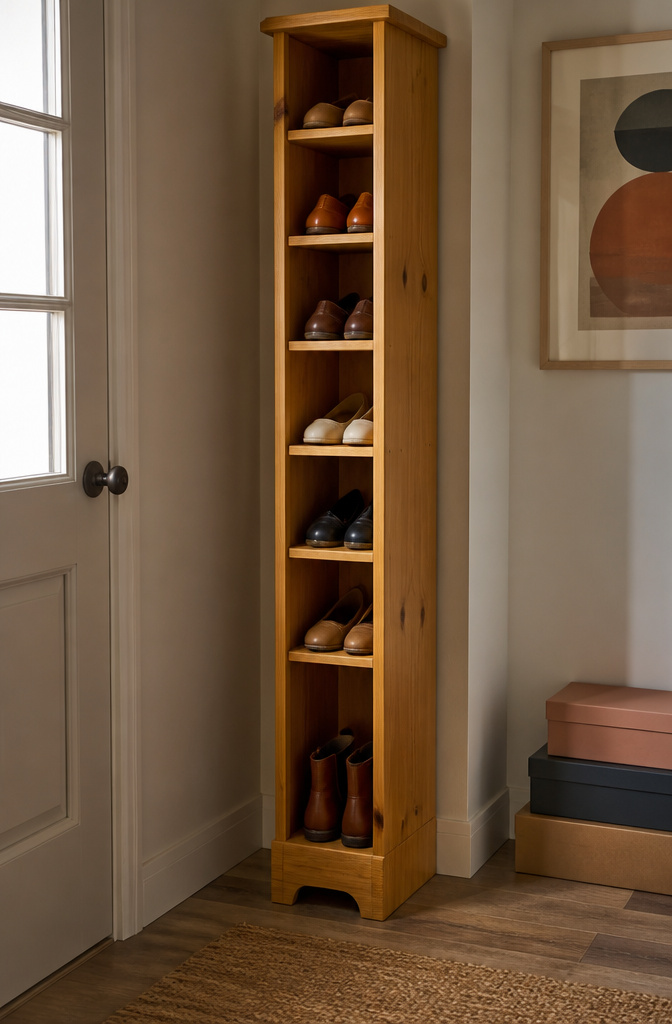 A slender American Pine Skinny Shoe Cabinet with compartments for shoes.
