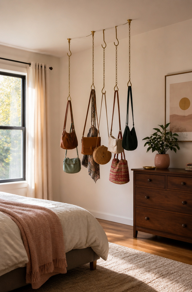 7 Bedroom Ceiling Storage Ideas for 2026: Shelves, Racks & Nets 4 Colorful bags hanging from chains attached to the ceiling.