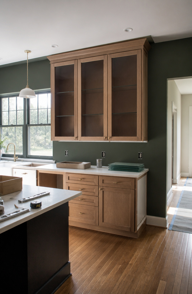 Custom glass cabinet door designed to fit non-standard kitchen opening.