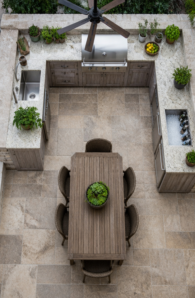U-shaped outdoor kitchen with counters and a grill in the center.