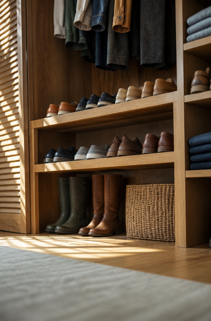 A double-tier shoe rack with an open space for boots.