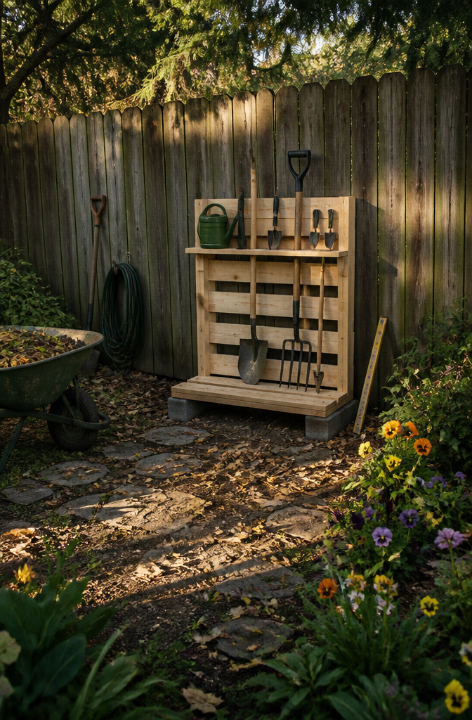 Pallet Garden Tool Storage: 7 Steps to Build an Outdoor Rack 4 A pallet positioned on cinder blocks to avoid water pooling underneath.