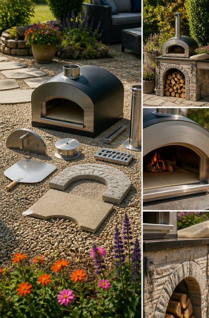 Wildwood pizza oven kit components ready for assembly in an outdoor space.