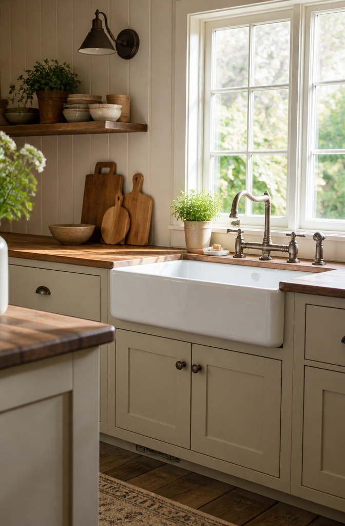 20 Country Style Kitchen Ideas for a Cozy Farmhouse Feel 5 A white farmhouse sink surrounded by cutting boards and herbs.