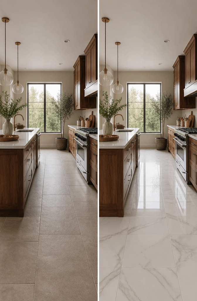 A kitchen with walnut cabinetry and marble-effect porcelain tiles.