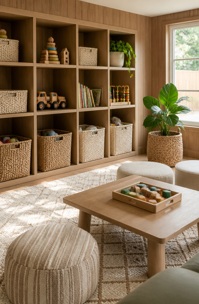 Basement Playroom Toy Storage: Built-Ins, Cubes & Multi-Functional Furniture 5 Stylish bookshelf with woven baskets used for toy storage.