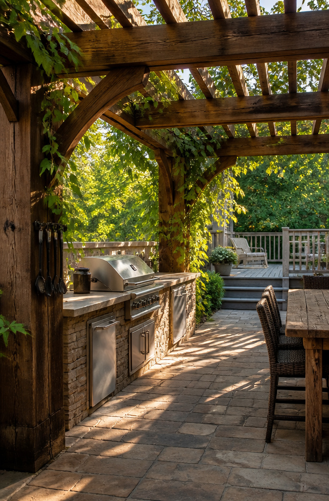 7 Outdoor Kitchen Pergola Ideas for Backyards in 2026 5 A traditional wooden pergola with curved braces and overgrown vines.