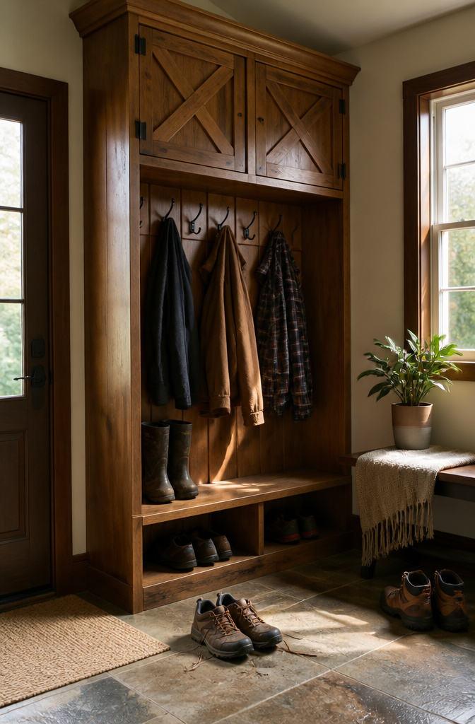 A tall Wood Mudroom Storage Locker with hooks and a shelf for storage.